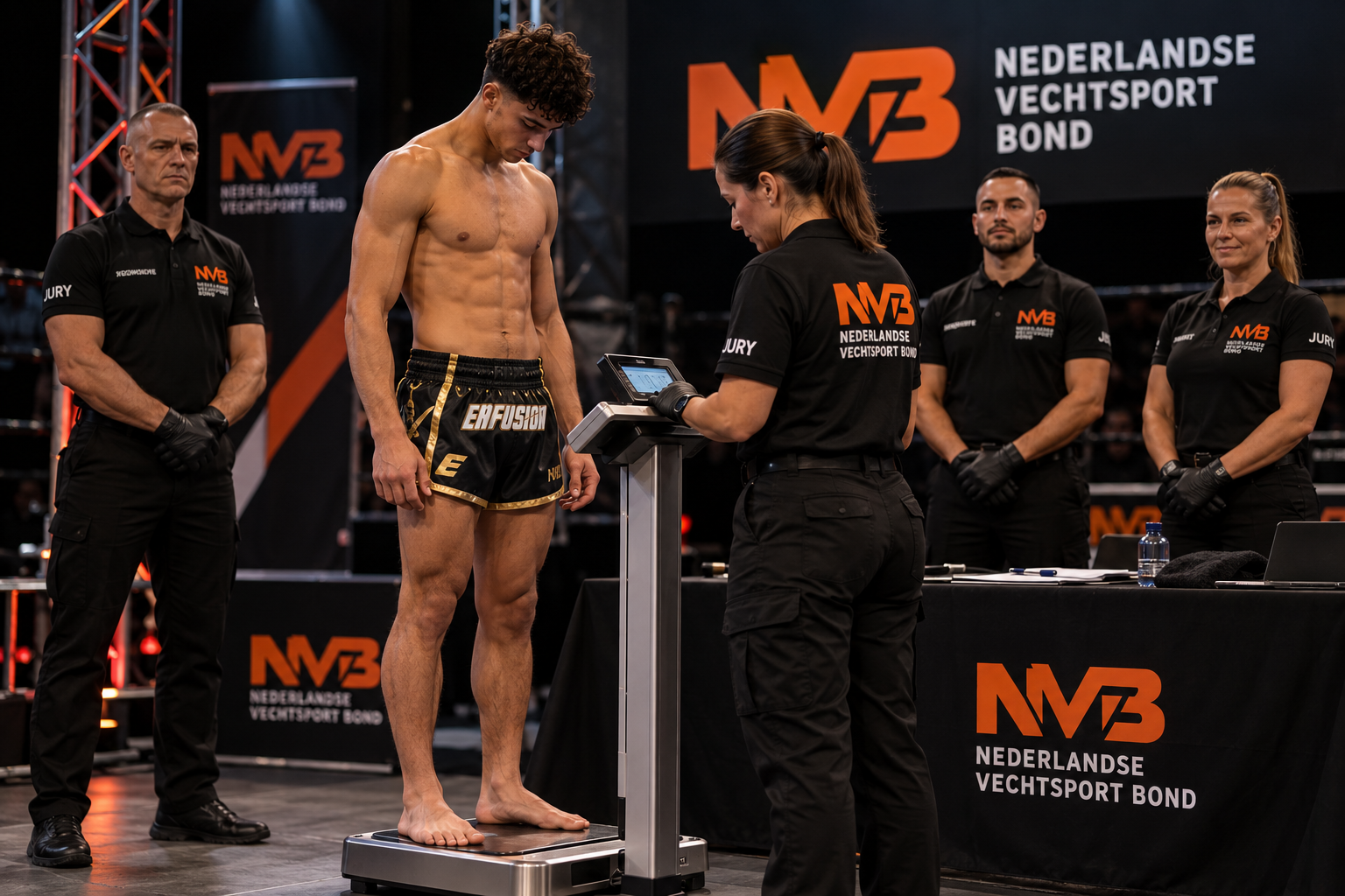 NVB official voert de officiële weging van een vechter uit